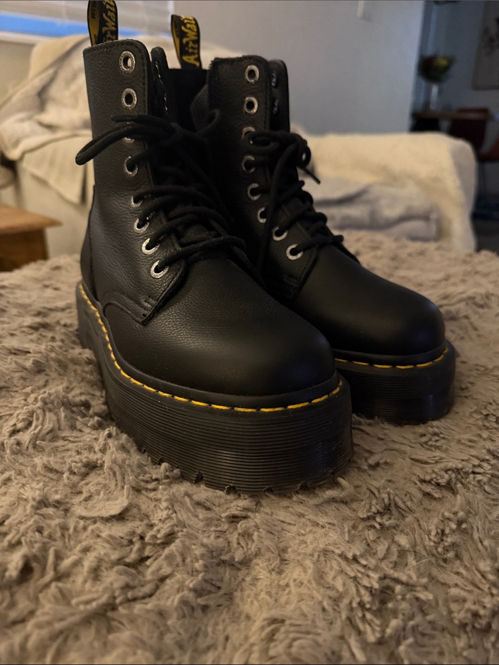 Dr. Martens Black Platform Jadon lll Lace-Up Boots with Yellow Stitching likenew